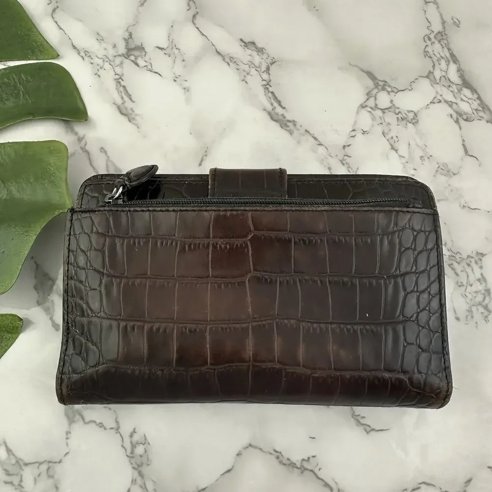 Brighton Vintage y2k Wallet Brown Leather Silver Heart Buckle Croc Texture